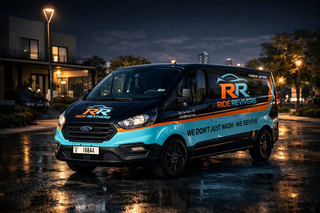Ride Revivers mobile car wash van branding in Dubai at night